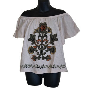 Democracy Peasant Top Sz L Boho Gypsy Off White Beige Flutter Sleeve Runs Small